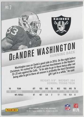 2017 Panini Prestige Football DeAndre Washington #7 Oakland Raiders - Picture 2 of 2