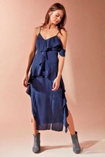 $180 Keepsake Love Bound Ruffle Midi Dress Navy Blue XS NEW