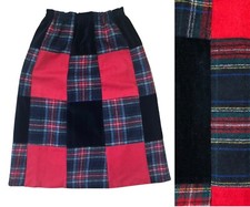 Vintage Patchwork Skirt 1970s Red Tartan Plaid & Black Velvet Holiday Skirt S M