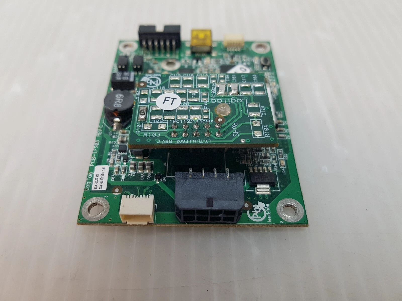 LT-LFS03 RFID board showing tuning daughterboard and multi-pin connector