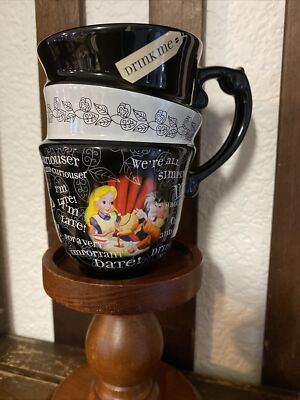 Disney Parks Alice In Wonderland DRINK ME Stacked Black White Tea Cup Mug