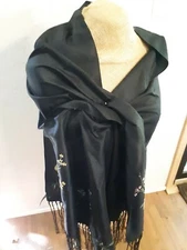 EUC 100% SILK Black Delicate Floral V. Steven  Scarf Shawl Fringe Shoulder Wrap