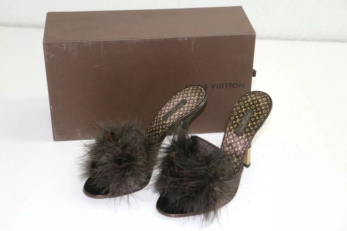 Louis Vuitton monogram Marabou Fur Slide Heel Sandals - Size 37