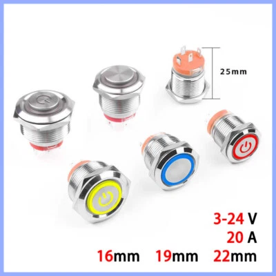 MARKENLOS Metall Druckschalter Drucktaster KFZ LED beleuchtet 3-24V Ø 16 19 22 mm IP68 20A