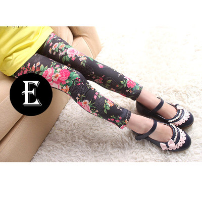 Girls Summer Peony Black Pattern Printed Leggings 5-7 Years