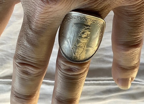 SWISS COIN RING 1966 5 FRANCS .835 SILVER .925 SILVER BAND HAND MADE SIZE 10