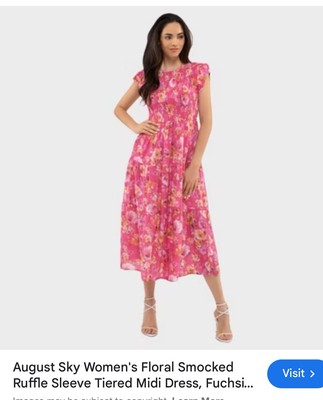 August Sky Midi Dress Large Floral Print Balloon Sleeve Smocked Back Lined Cream