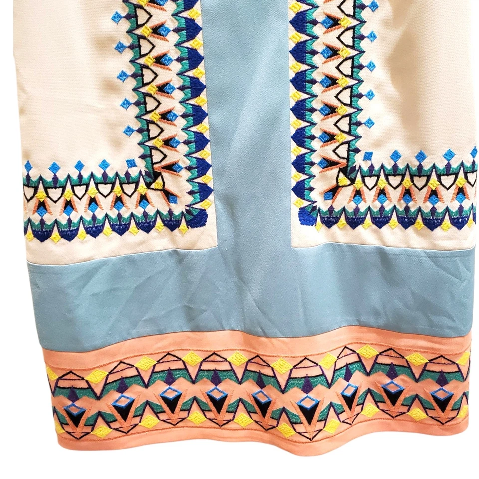 Champagne Strawberry Turquoise Coral Embroidered Boho Shift Dress Sz L 70s Style - Image 3 of 4