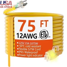 75ft Heavy Duty Extension Cord 12AWG Power Strain Relief Indoor Outdoor New