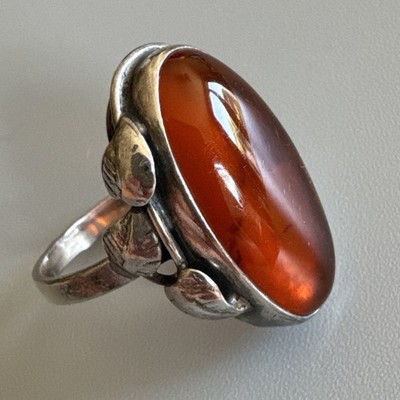 Sterling Silber 925 Vintage Natur Cognac Baltischer Bernstein Cabochon Blatt Ring N1/2