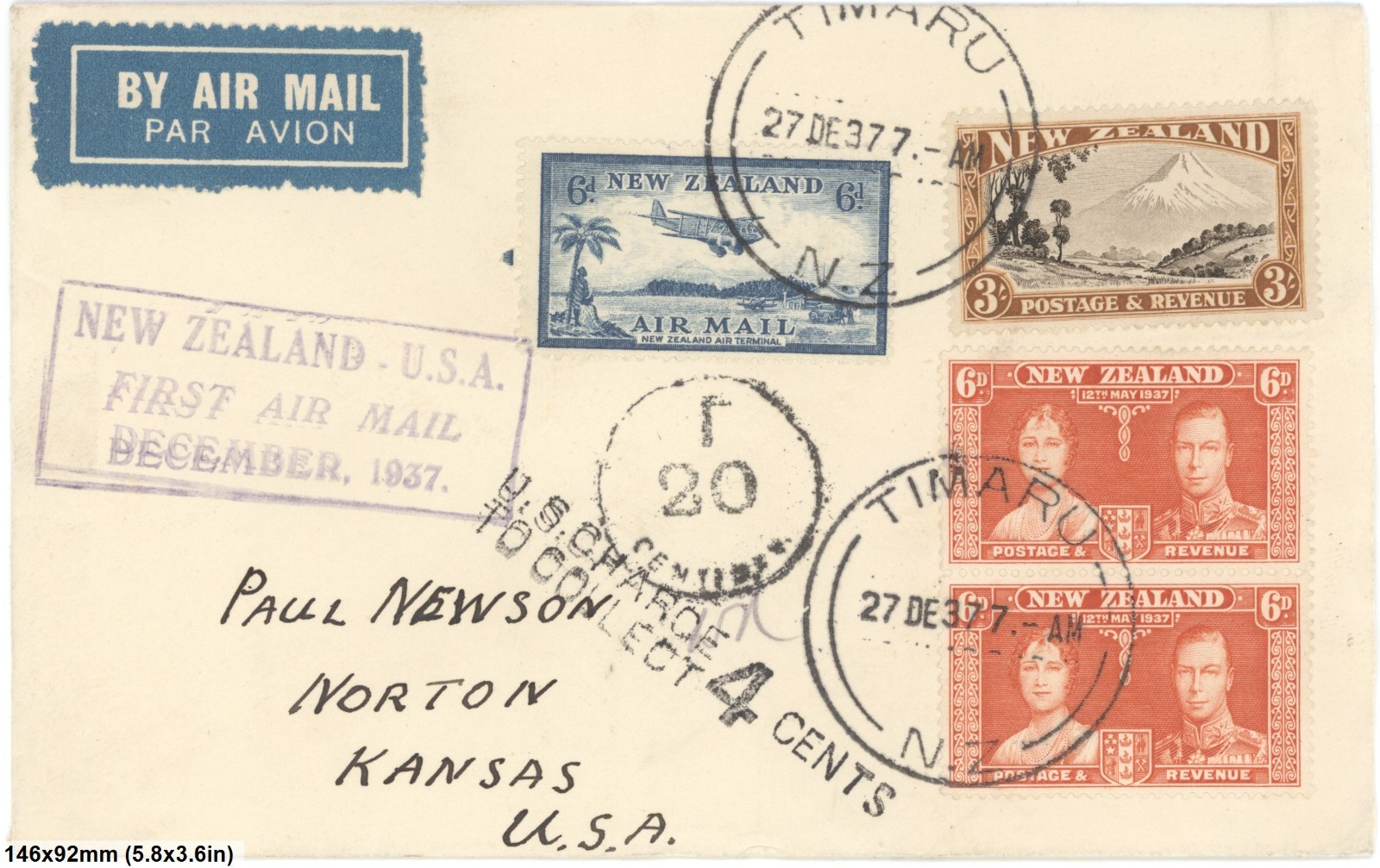 1937 New Zealand USA First Airmail Cover To Kansas Postage Due Collected