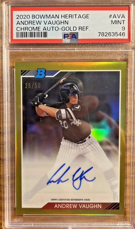 ANDREW VAUGHN ~2020 Bowman Heritage CHROME GOLD REFRACTOR AUTO 29/50 PSA MINT 9