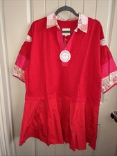 Umgee M Red With Floral Trim Drop Waist VNeck Dress With Short Sleeves