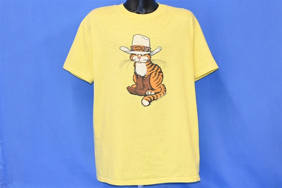 vtg 80s COWBOY CAT TEXAS HAT BOOTS ORANGE TABBY YELLOW COTTON t-shirt LARGE L - Image 2 of 4