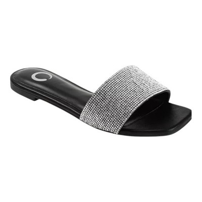 Journee Collection Women s Slide Sandals Black/Silver Rhinestone Slip On US 9.5