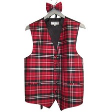 Vesuvio Napoli Italy Red Tartan Plaid Dress Vest  Bow Tie Set M New