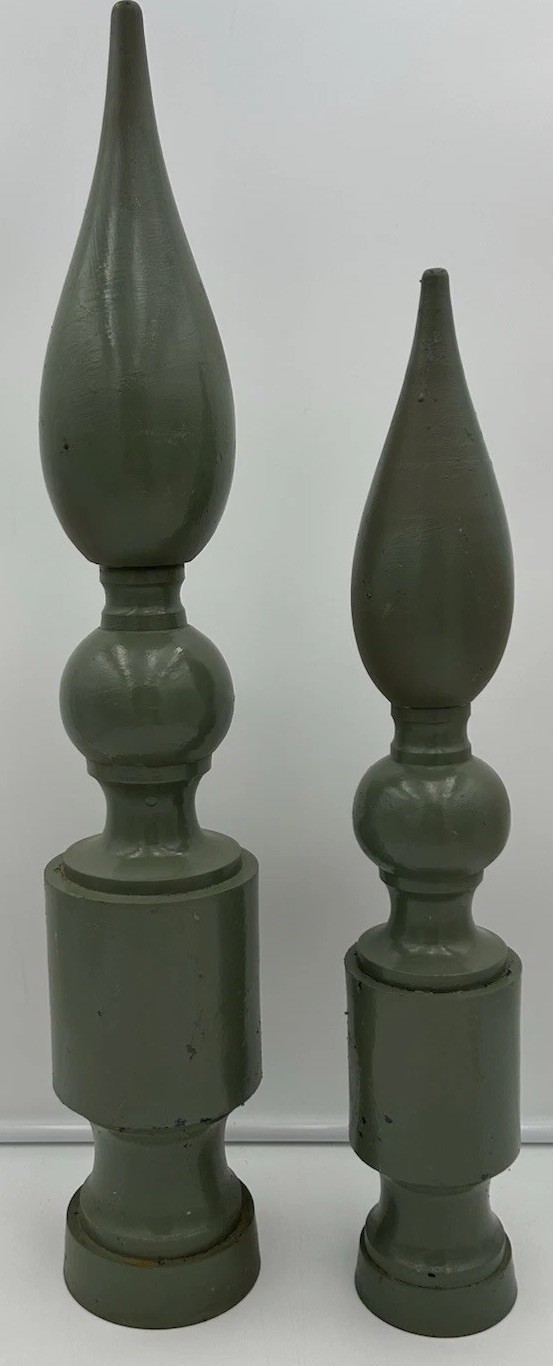 Antique Cast Iron Fence Finials Pair Green Paint Decor 18in x 4in 22in x 3in VTG