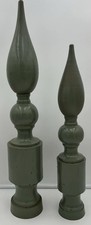 Antique Cast Iron Fence Finials Pair Green Paint Decor 18in x 4in 22in x 3in VTG