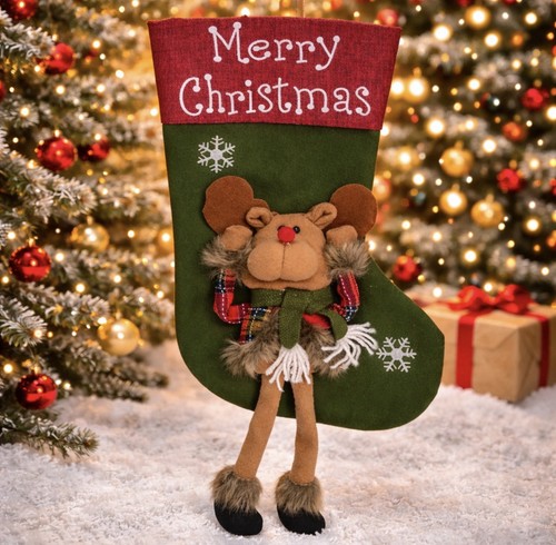 Handmade Christmas Stocking Farmhouse Reindeer Plaid & Fur Felt & Canvas 17"