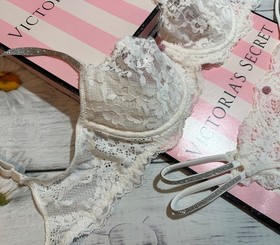 Victoria's Secret Shine Strap Dream Angels Lace Bra Brazilian Set White