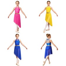 Girls Dancewear Jazz Leotard Stage Dresses Color Block Sequined Waist Lyrical