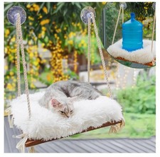 Cat Hammock With Industrial-Grade Suction Cups - Solid Pine Wood Seat, Soft...