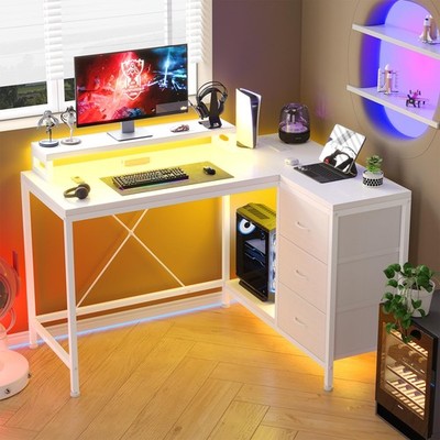 L Shaped Gaming Computer Desk with Power Outlets & LED Light ,Home Office Desk