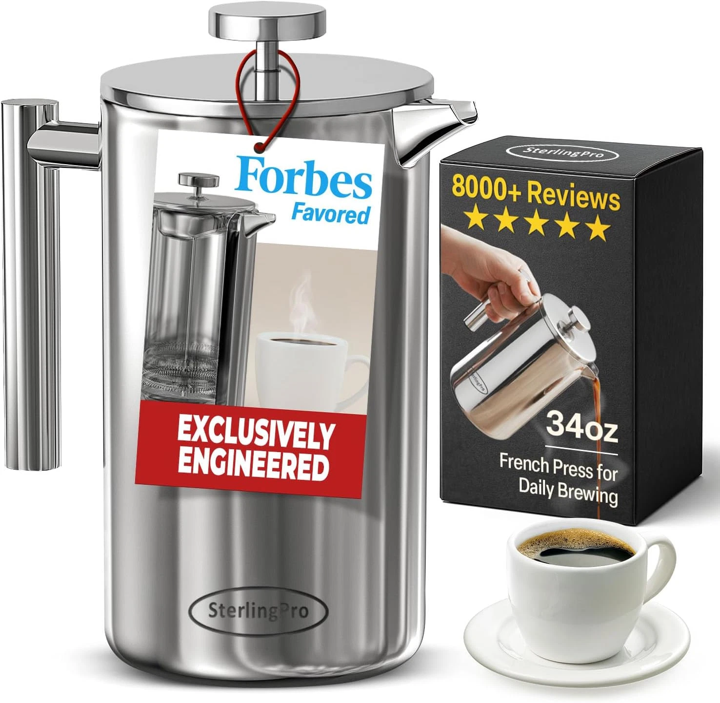 Sterlingpro Stainless Steel French Press Coffee Maker 1 L (34 Oz) Mirror – Doubl