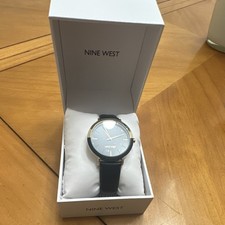 Nine West Women's Black Faux Leather Dress Watch Gold Case w/ Box & Manual