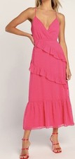 NWT Lulus Cheers to me Hot Pink Swiss Dot Tiered Midi Dress Sz M adjustable strp