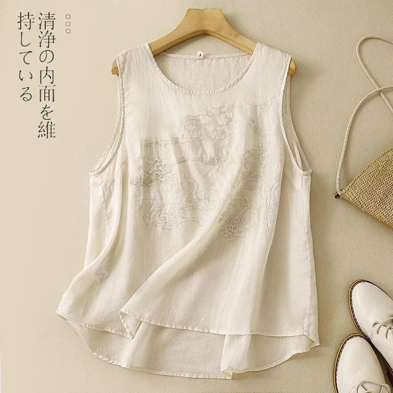 Mujeres Algodón Lino Cuello Redondo Sin Mangas Camisetas sin Mangas Bordado Verano Chaleco Retro Foto 3 de 4