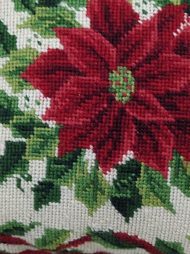 Poinsettia Needlepoint Christmas Throw Pillow With Red Velvet Back 11"x11" Sq - Picture 3 of 12