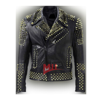 Handmade Men's Black Genuine Leather Jacket with Golden Studded, Fashion Jacket