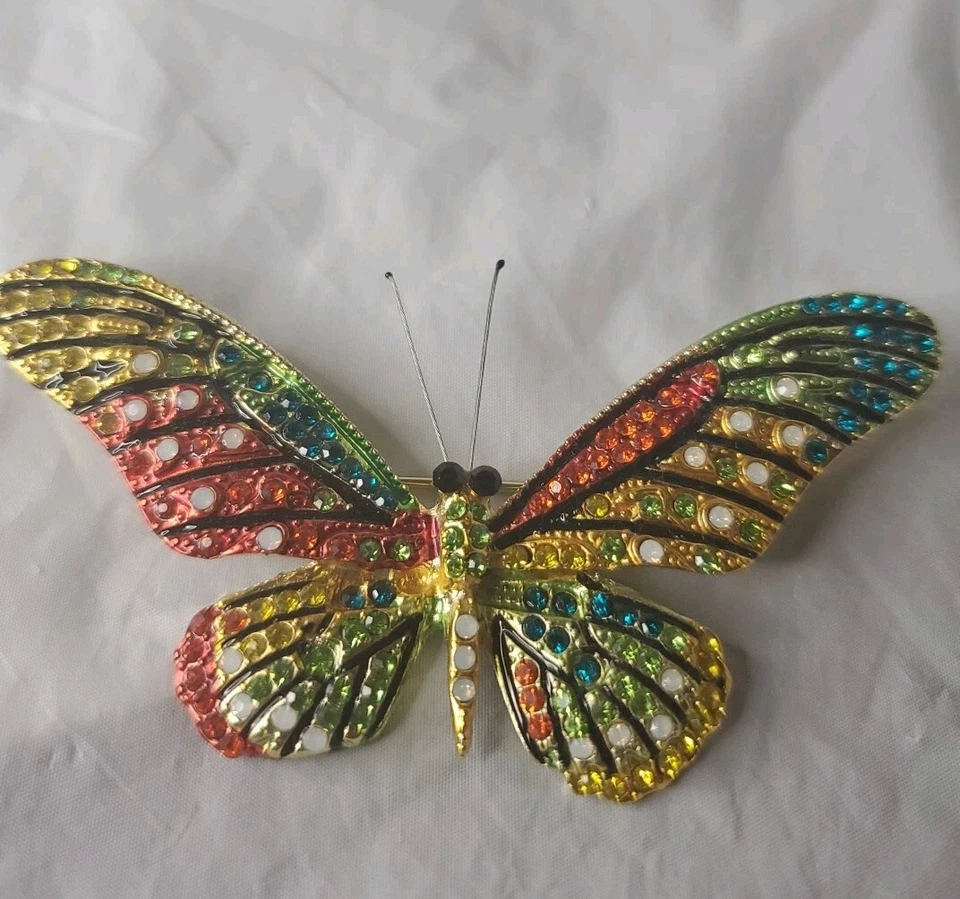 Hermoso broche mariposa grande verde rojo naranja amarillo y blanco pedrería  Foto 4 de 4
