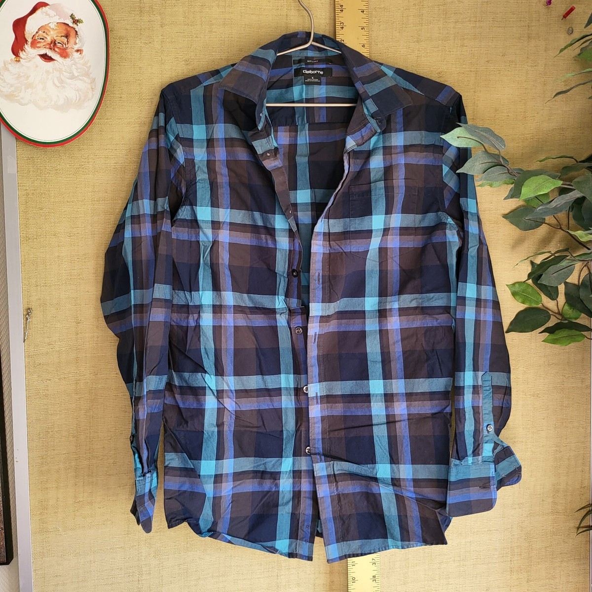 Claiborne Mens 80s Ply Slim Fit Sm LS Button Up Blue Purple Plaid Dress  Shirt - Main Image