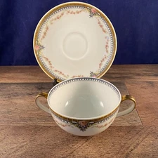 Vintage Theodore Haviland Limoges France Double Handled Boullion and Saucer Set