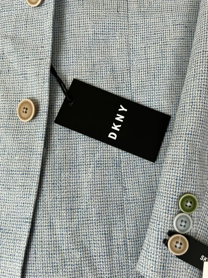 Blazer feminino DKNY azul branco ajuste fino 2 botões linho algodão tamanho 18R - Imagem 4 de 4