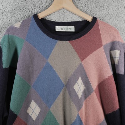 VTG Lyle & Scott XXL Argyle JUMPER Pure 100% LAMB Wool Crew BLack New Zealand