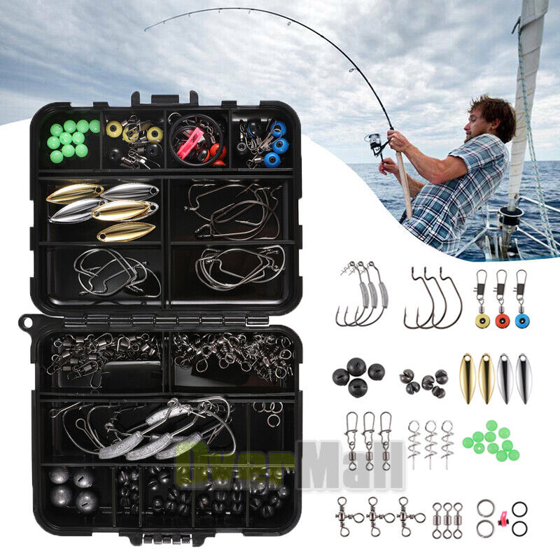 155Pcs Fishing Accessories Kit Set w/Portable Tackle Box Pliers Jig Hooks  Swivel