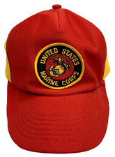 USMC Snapback Trucker Hat USA US Marines Corps Yellow Red Mesh Patch Vintage
