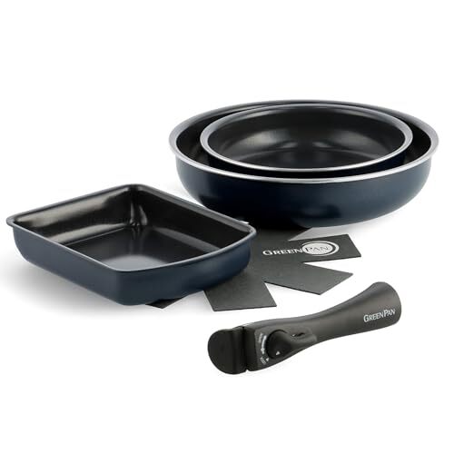 New Greenpan Click Chef with Pull Handle Frying Pan Egg Pan Set of 5 Oxford Blue