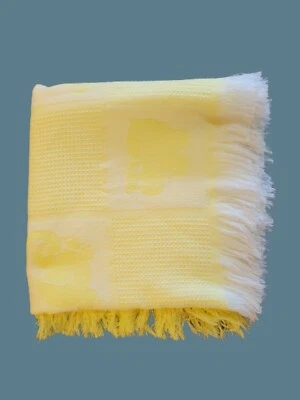 LARGE Vintage White Yellow Zoo Animals Woven Acrylic Baby Blanket Fringe Japan - Image 1 of 4