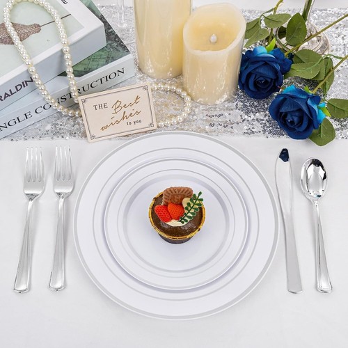 350 Pcs Silver Plastic Plates Set - Elegant Disposable Dinnerware for 50 Guests - Picture 9 of 11