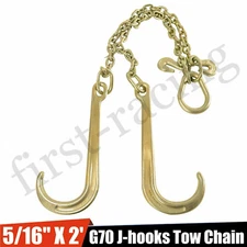 5/16" X 2' G70 Tow Chain J-Hooks V-Chain Flatbed Truck Rollback Wrecker Carrier