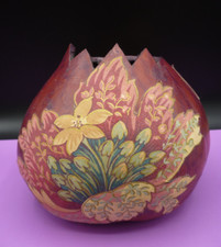 Folk Art Carved Handpainted Gourd Art Vase Applied Fabric Flowers Signed "DICE"