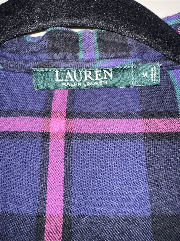Ralph Lauren Nightgown Pajamas Purple Plaid Crest Pocket Women’s Medium Flannel - Image 2 of 4