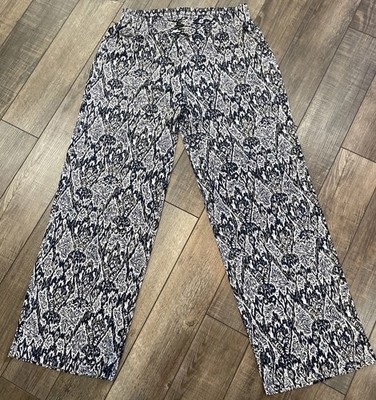 IMAN global chic Blue & White Gold Veining Palazzo Wide Leg Pull On Pant L Comfy