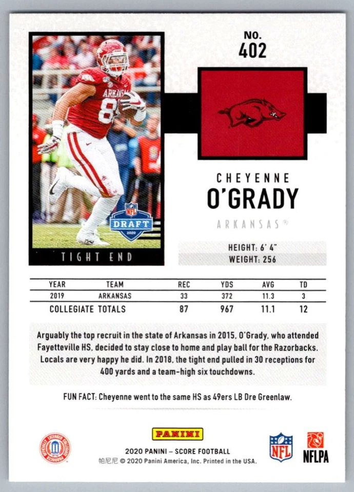2020 Score Red Cheyenne O'Grady Arkansas Razorbacks #402 - Image 2 of 2