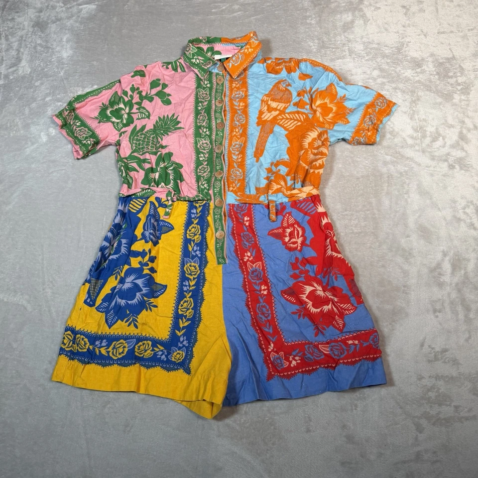 Farm Rio Romper Womens Large Green Lace Garden Belted Linen Blend Boho - Image 2 of 4