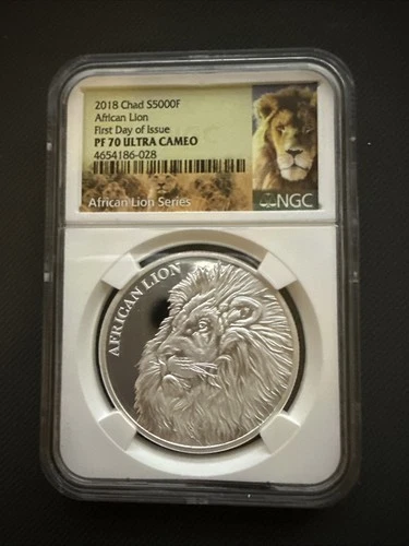 2018 Chad 5000 Francs African Lion PF70 UC NGC First Day Issue Coin